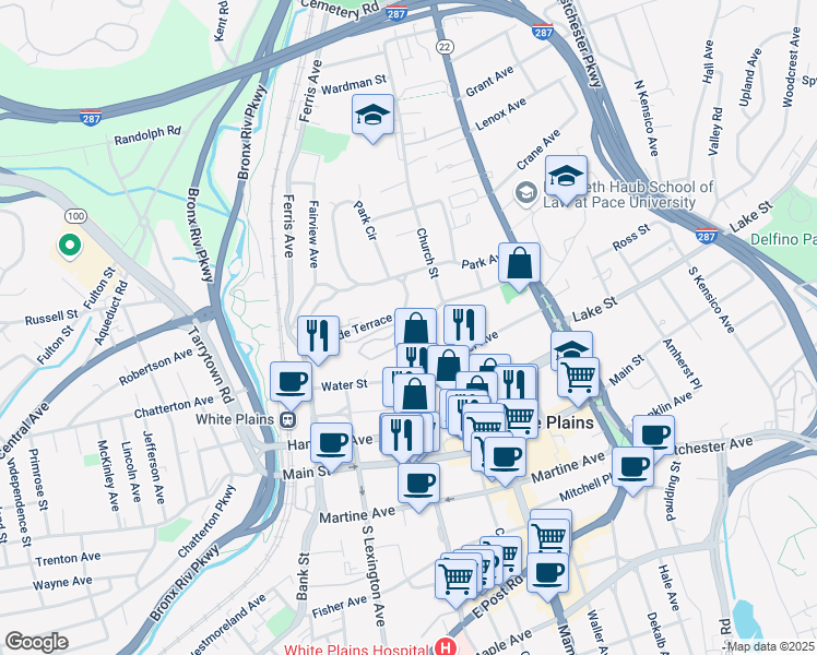 map of restaurants, bars, coffee shops, grocery stores, and more near 12 Cottage Place in White Plains
