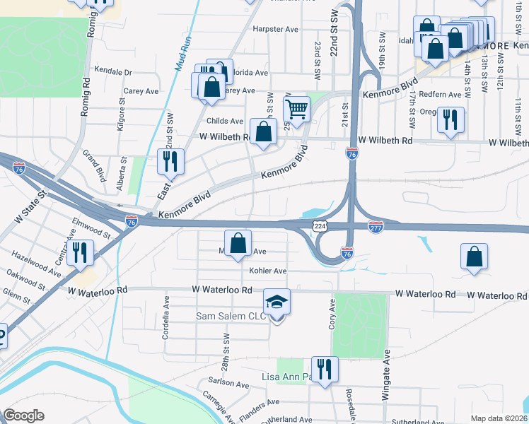map of restaurants, bars, coffee shops, grocery stores, and more near 1150 Welsh Avenue in Akron