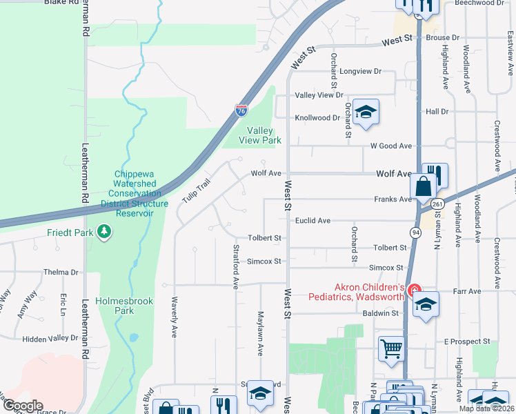 map of restaurants, bars, coffee shops, grocery stores, and more near 448 Honeysuckle Lane in Wadsworth