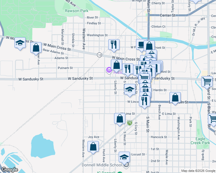 map of restaurants, bars, coffee shops, grocery stores, and more near 427 West Hardin Street in Findlay