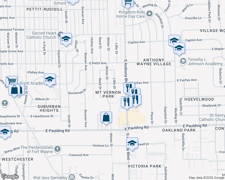 map of restaurants, bars, coffee shops, grocery stores, and more near 5305 Lillie Street in Fort Wayne