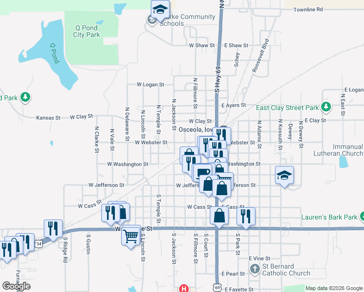 map of restaurants, bars, coffee shops, grocery stores, and more near 201 West Washington Street in Osceola