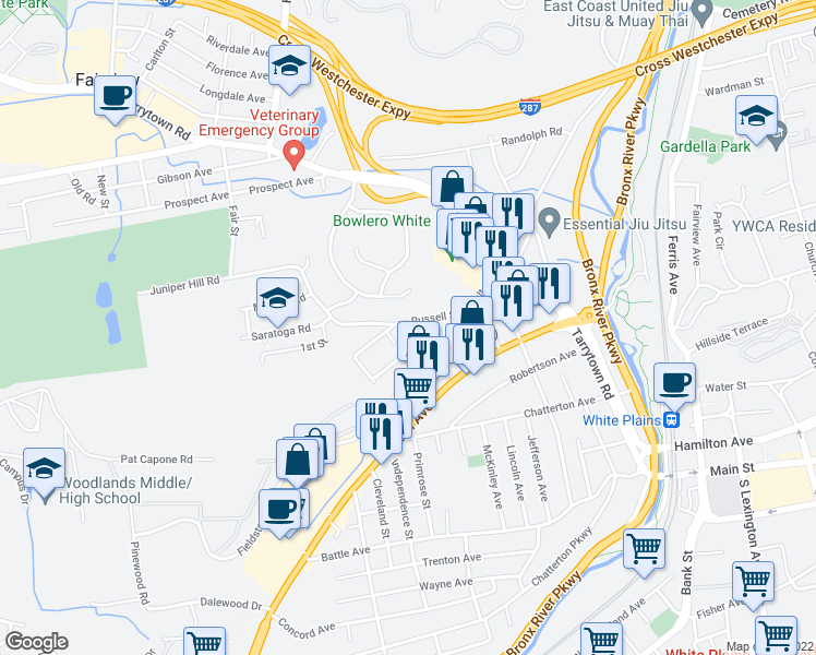 map of restaurants, bars, coffee shops, grocery stores, and more near 99 Fulton Street in White Plains