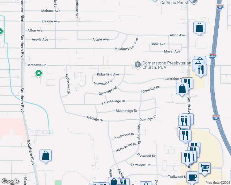 map of restaurants, bars, coffee shops, grocery stores, and more near 726 Forest-Ridge Drive in Youngstown