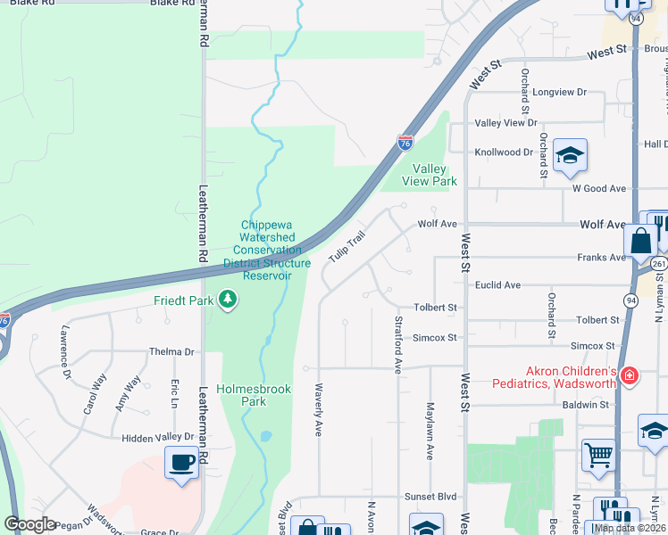 map of restaurants, bars, coffee shops, grocery stores, and more near 536 Tulip Trail in Wadsworth