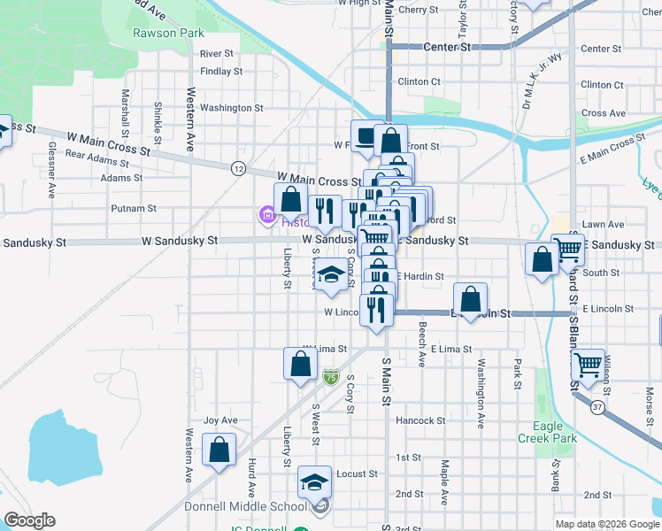 map of restaurants, bars, coffee shops, grocery stores, and more near 231 West Hardin Street in Findlay