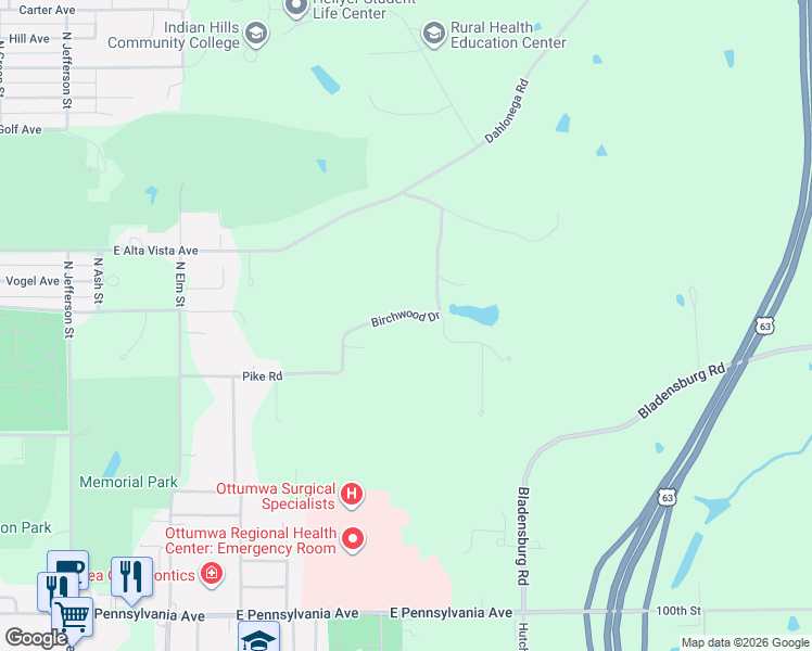 map of restaurants, bars, coffee shops, grocery stores, and more near 20 Birchwood Drive in Ottumwa