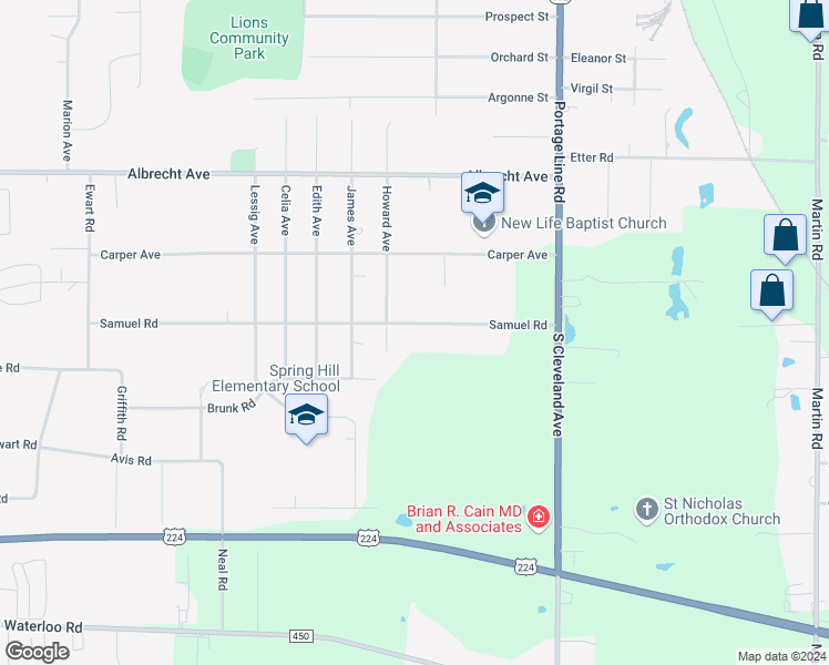 map of restaurants, bars, coffee shops, grocery stores, and more near 3538 Samuel Road in Akron