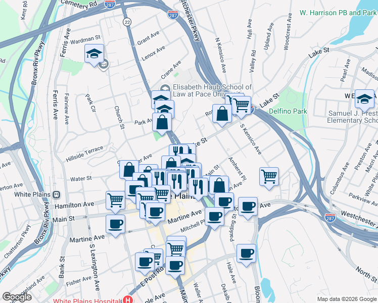 map of restaurants, bars, coffee shops, grocery stores, and more near 20 North Broadway in White Plains