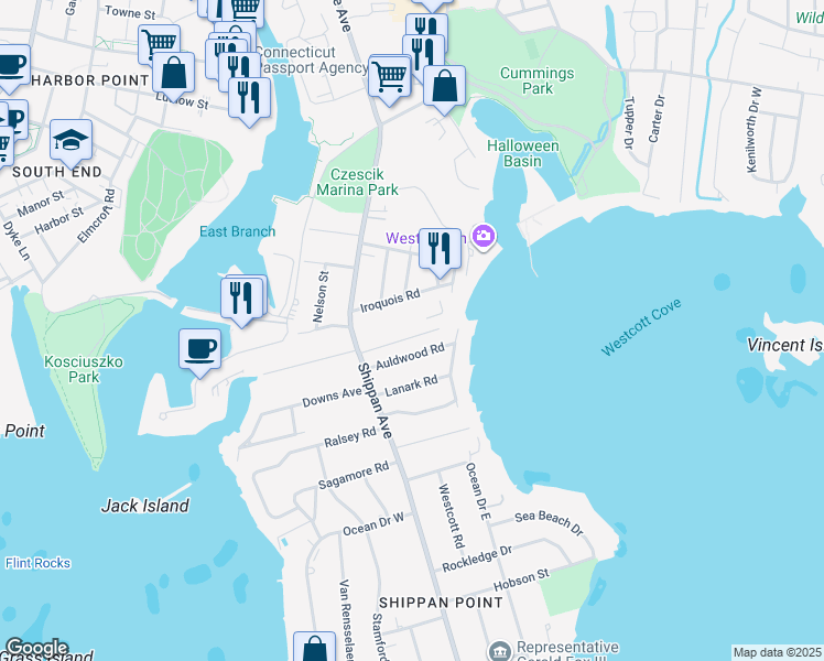 map of restaurants, bars, coffee shops, grocery stores, and more near 36 Auldwood Road in Stamford