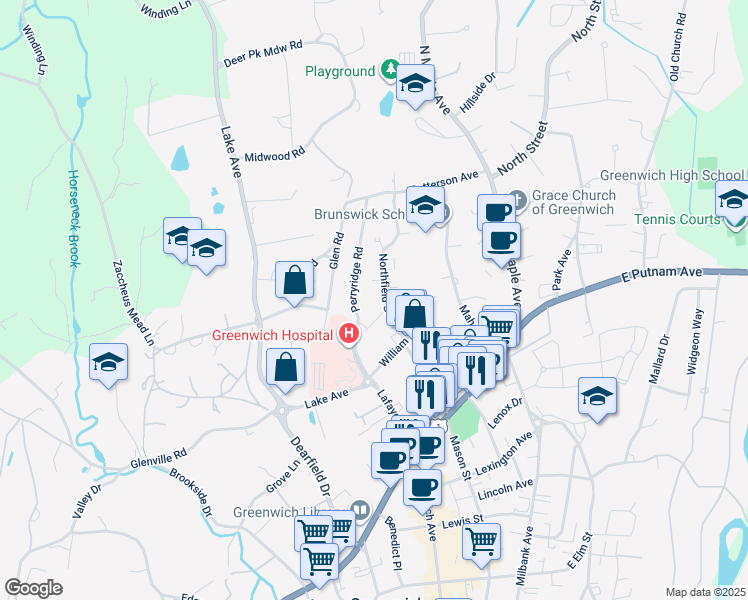 map of restaurants, bars, coffee shops, grocery stores, and more near 17 Division Street in Greenwich