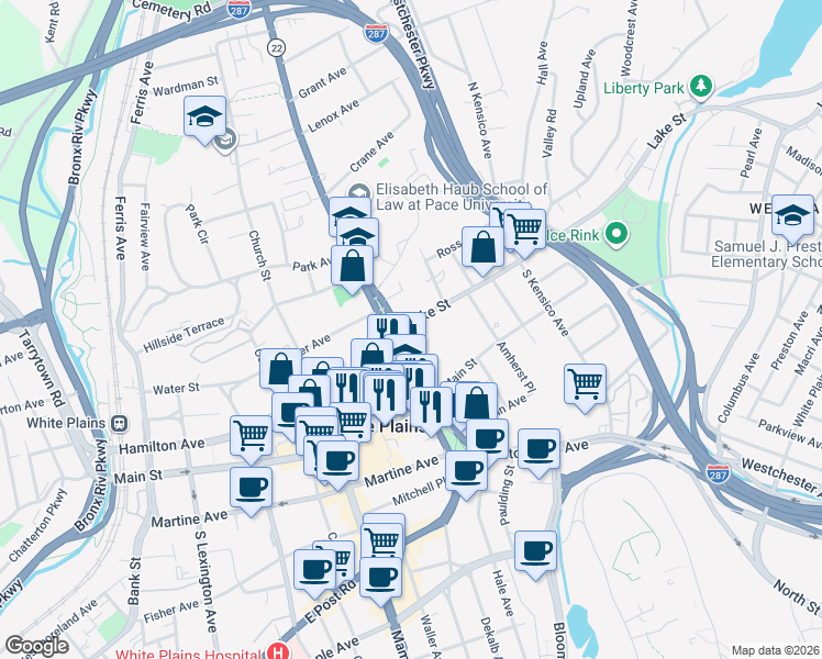 map of restaurants, bars, coffee shops, grocery stores, and more near 20 North Broadway in White Plains