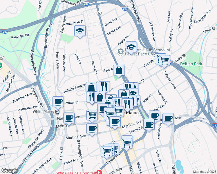 map of restaurants, bars, coffee shops, grocery stores, and more near 40 Barker Avenue in White Plains