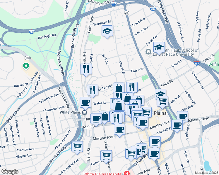 map of restaurants, bars, coffee shops, grocery stores, and more near 25 Rockledge Avenue in White Plains