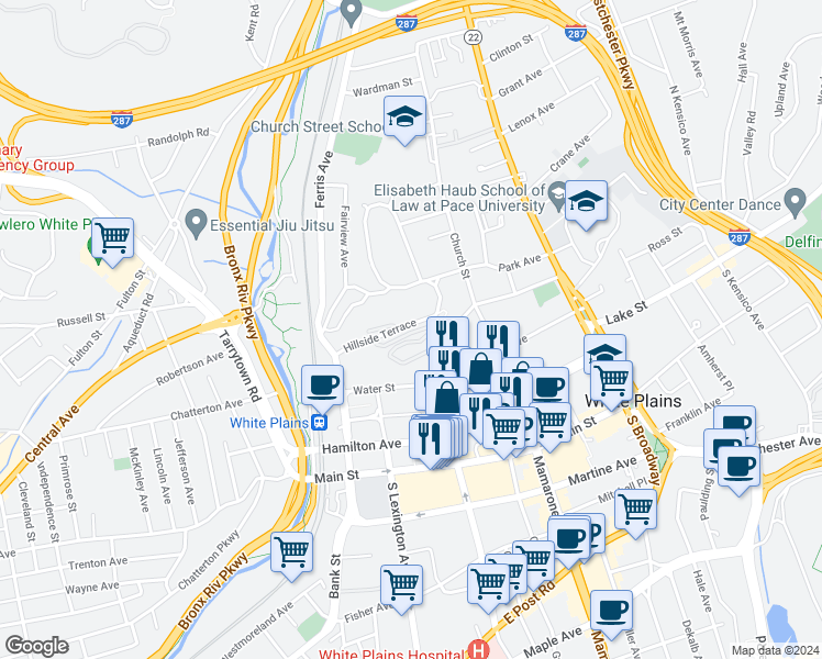 map of restaurants, bars, coffee shops, grocery stores, and more near 25 Rockledge Avenue in White Plains