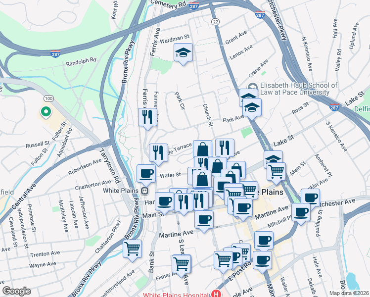 map of restaurants, bars, coffee shops, grocery stores, and more near 25 Rockledge Avenue in White Plains