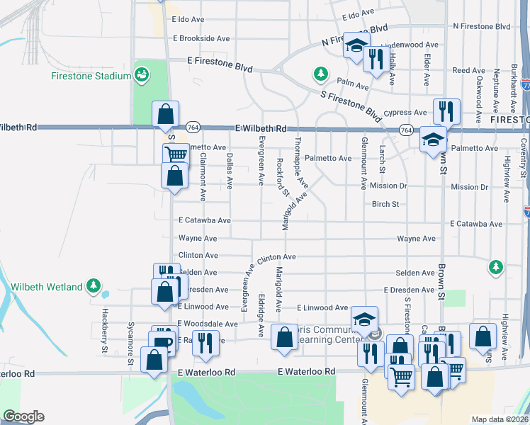 map of restaurants, bars, coffee shops, grocery stores, and more near 172 East Catawba Avenue in Akron