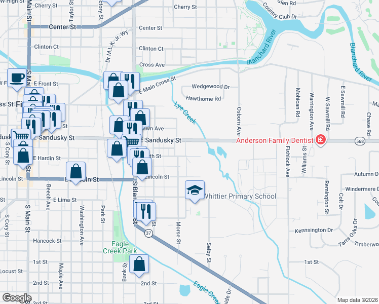 map of restaurants, bars, coffee shops, grocery stores, and more near 721 South Street in Findlay