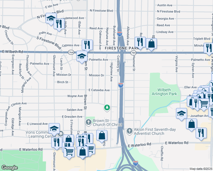 map of restaurants, bars, coffee shops, grocery stores, and more near 1700 Highview Avenue in Akron