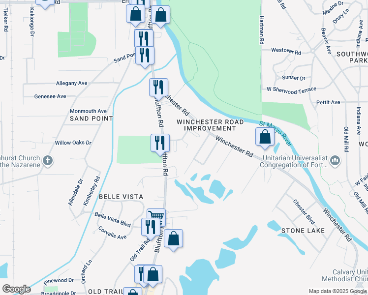 map of restaurants, bars, coffee shops, grocery stores, and more near 2008 Woodhaven Drive in Fort Wayne