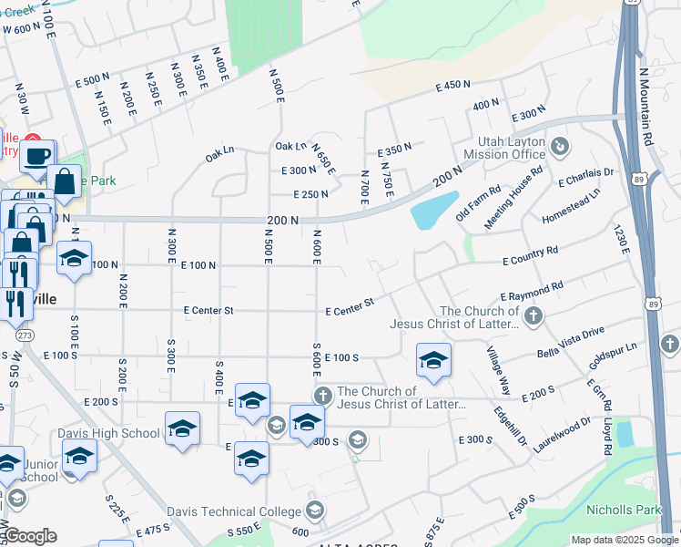 map of restaurants, bars, coffee shops, grocery stores, and more near 636 East 100 North in Kaysville