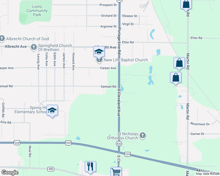map of restaurants, bars, coffee shops, grocery stores, and more near 3646 Samuel Road in Akron