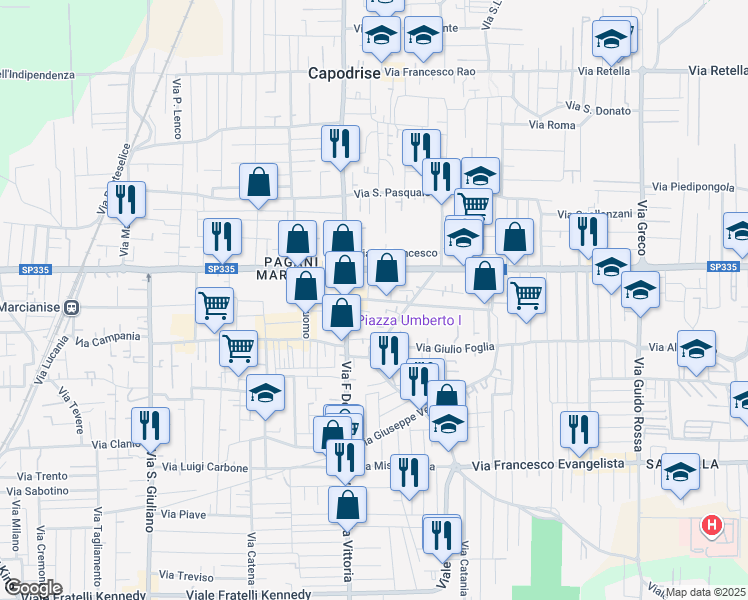 map of restaurants, bars, coffee shops, grocery stores, and more near 35 Via de Maio Paolo in Marcianise