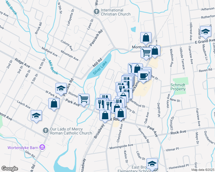 map of restaurants, bars, coffee shops, grocery stores, and more near 65 North Maple Avenue in Park Ridge