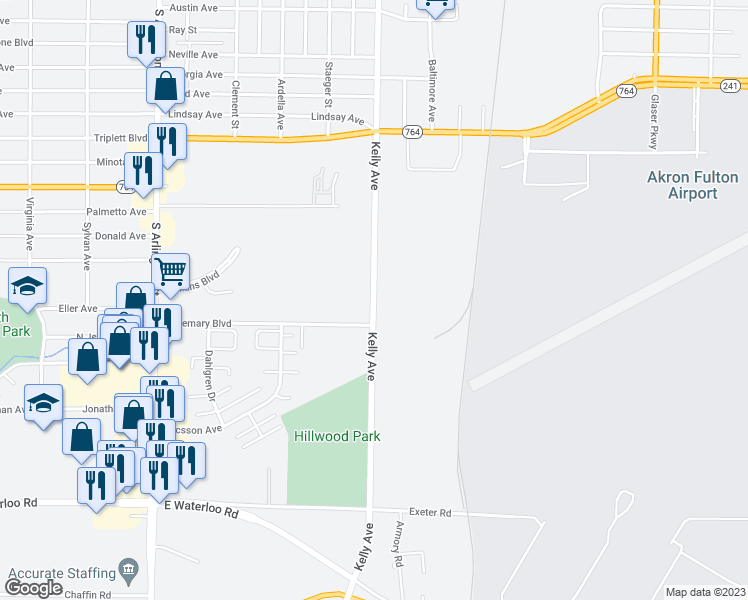 map of restaurants, bars, coffee shops, grocery stores, and more near 1306 Kelly Avenue in Akron