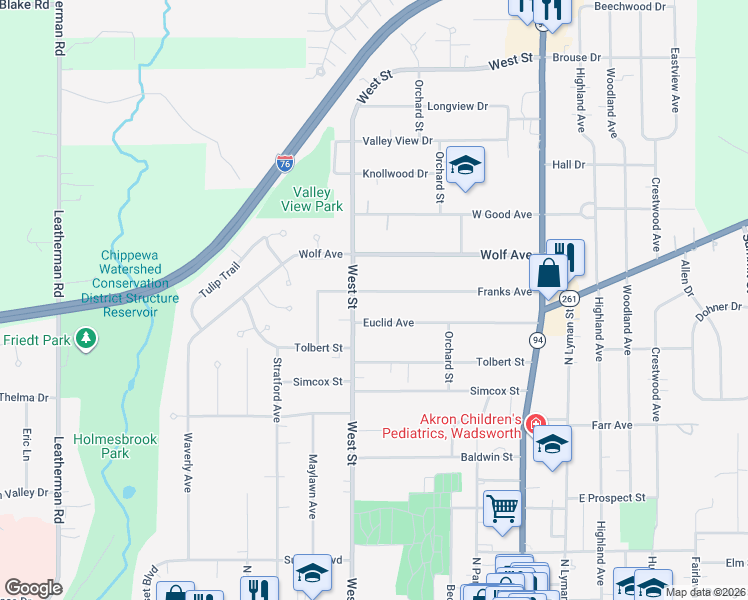 map of restaurants, bars, coffee shops, grocery stores, and more near 260 Euclid Avenue in Wadsworth