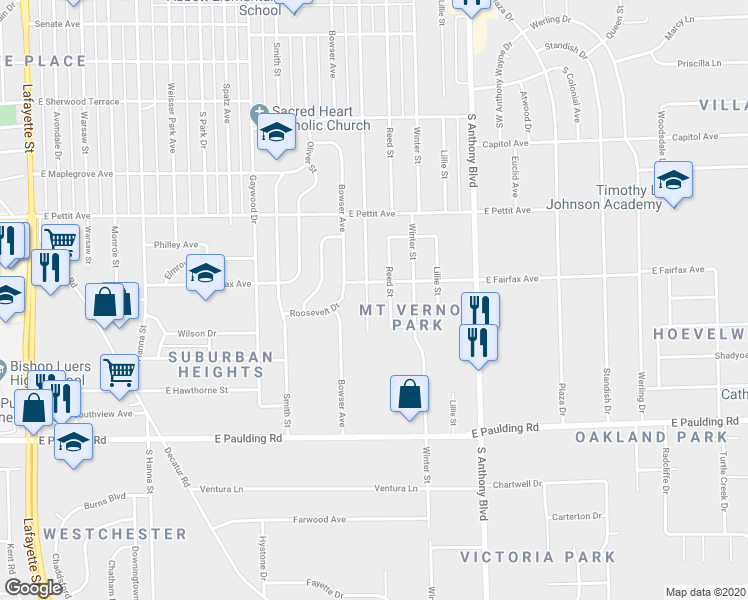 map of restaurants, bars, coffee shops, grocery stores, and more near 5217 Holton Avenue in Fort Wayne