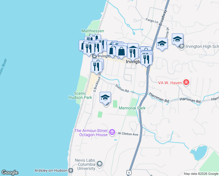 map of restaurants, bars, coffee shops, grocery stores, and more near 29 Oak Street in Irvington