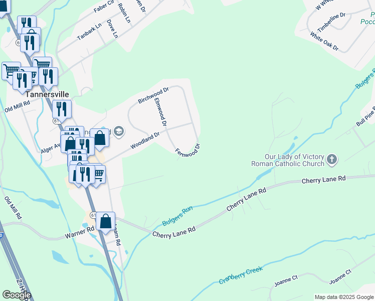 map of restaurants, bars, coffee shops, grocery stores, and more near 5430 Fernwood Drive in Tannersville