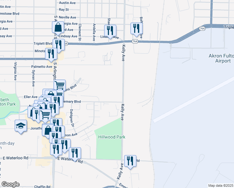 map of restaurants, bars, coffee shops, grocery stores, and more near in Akron