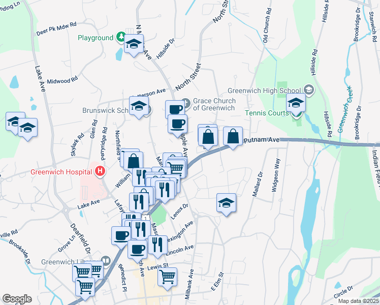map of restaurants, bars, coffee shops, grocery stores, and more near 149 East Putnam Avenue in Greenwich