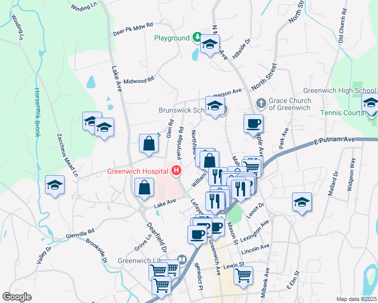 map of restaurants, bars, coffee shops, grocery stores, and more near 17 Division Street in Greenwich