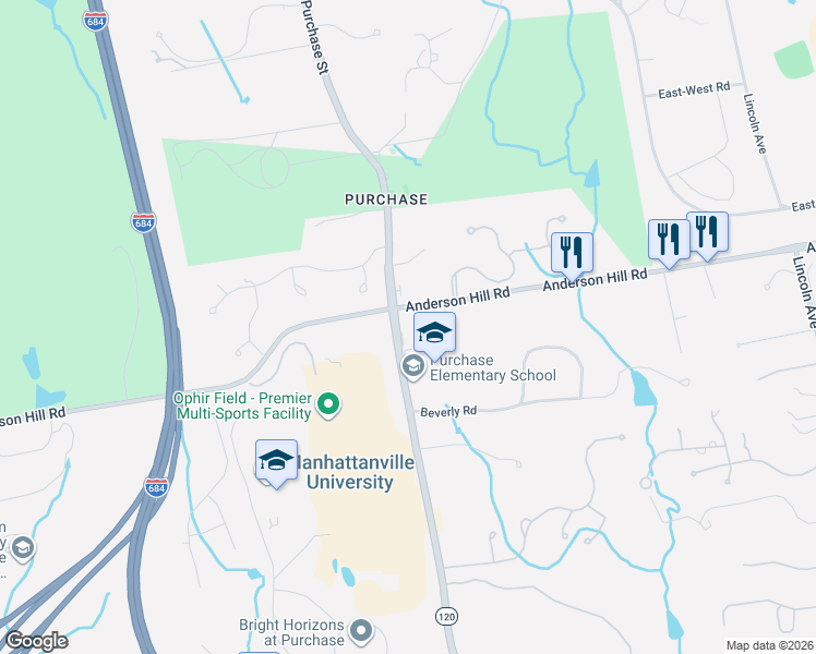 map of restaurants, bars, coffee shops, grocery stores, and more near 520 Anderson Hill Road in Harrison
