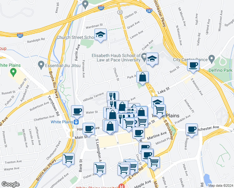 map of restaurants, bars, coffee shops, grocery stores, and more near 12 Cottage Place in White Plains