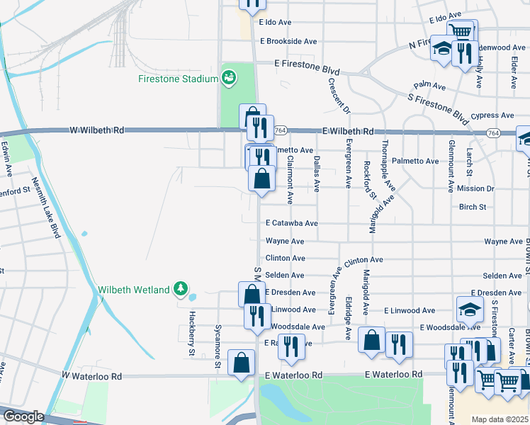 map of restaurants, bars, coffee shops, grocery stores, and more near 1883 South Main Street in Akron