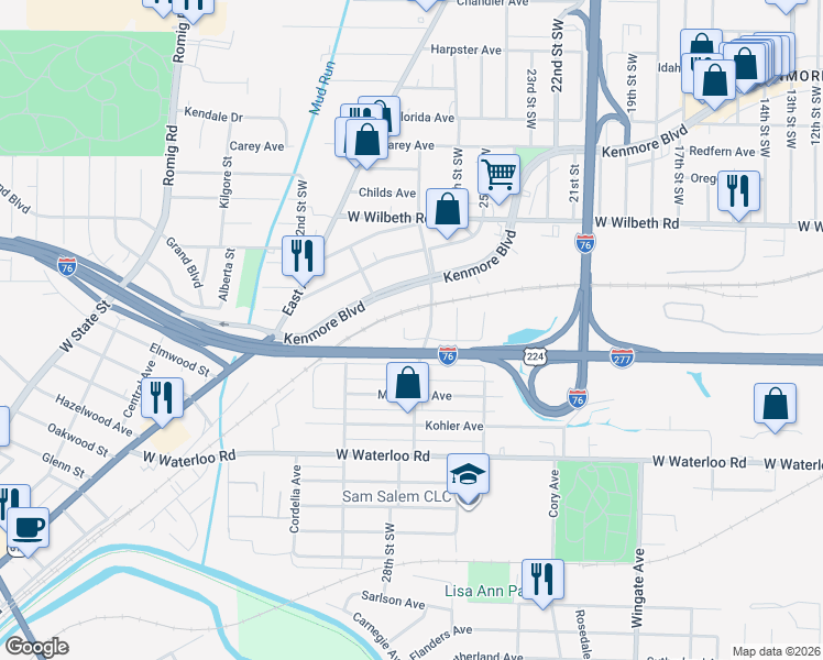 map of restaurants, bars, coffee shops, grocery stores, and more near 1192 Welsh Avenue in Akron