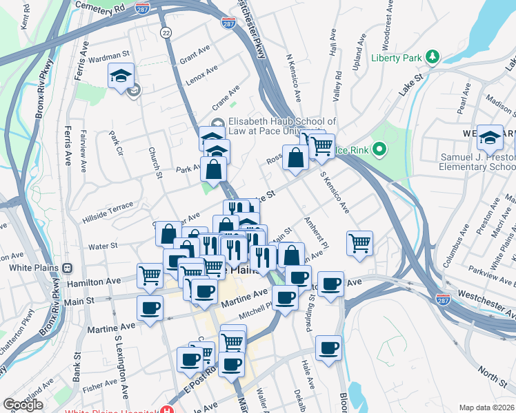 map of restaurants, bars, coffee shops, grocery stores, and more near 4 Lake Street in White Plains