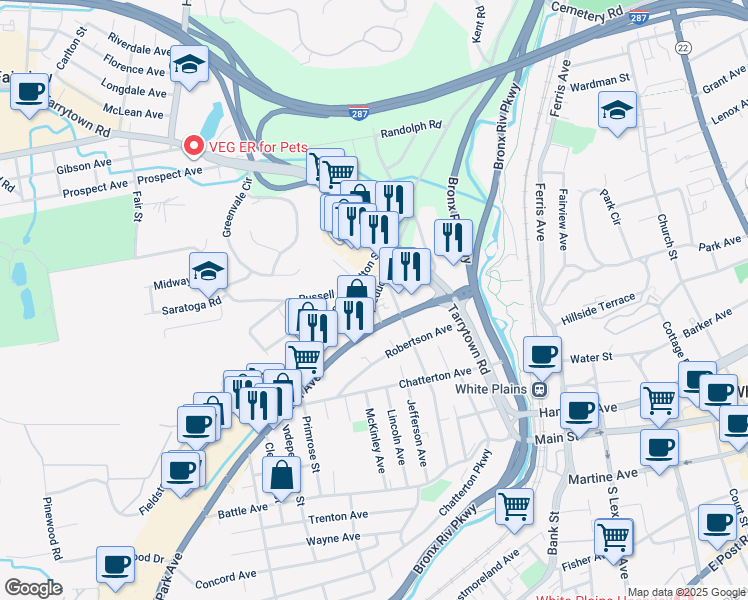 map of restaurants, bars, coffee shops, grocery stores, and more near 45 Aqueduct Rd in White Plains