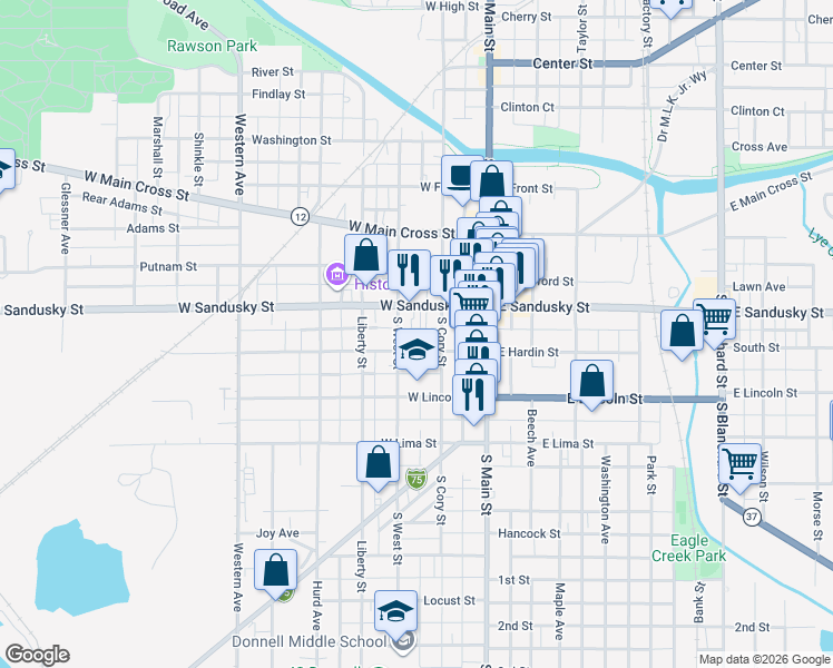 map of restaurants, bars, coffee shops, grocery stores, and more near 231 West Hardin Street in Findlay