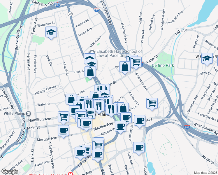 map of restaurants, bars, coffee shops, grocery stores, and more near 10 Lake Street in White Plains