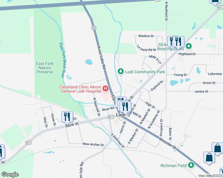 map of restaurants, bars, coffee shops, grocery stores, and more near 236 Elyria Street in Lodi