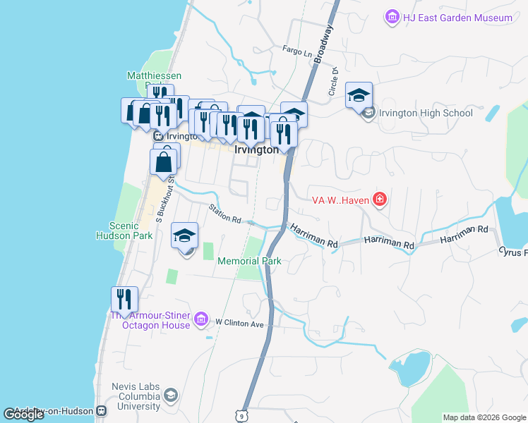 map of restaurants, bars, coffee shops, grocery stores, and more near 30 South Broadway in Irvington