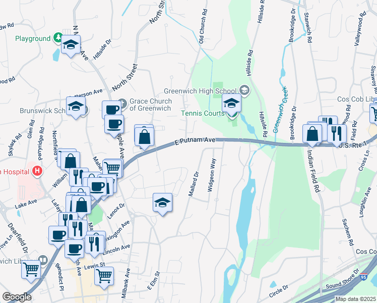 map of restaurants, bars, coffee shops, grocery stores, and more near 300 East Putnam Avenue in Greenwich