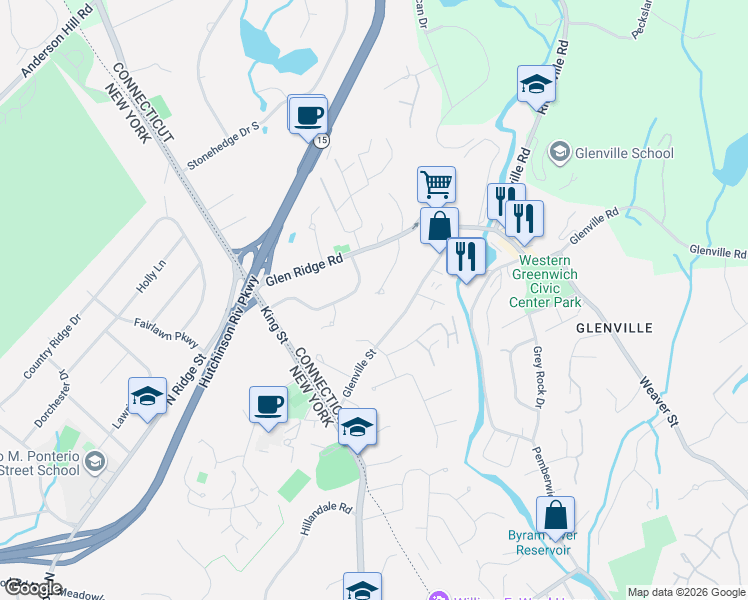 map of restaurants, bars, coffee shops, grocery stores, and more near 30 Curt Terrace in Greenwich