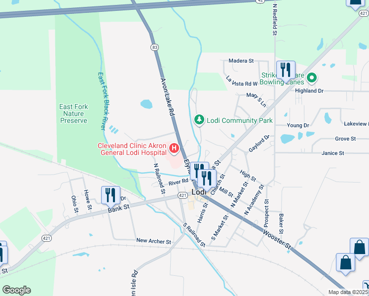 map of restaurants, bars, coffee shops, grocery stores, and more near 232 Elyria Street in Lodi