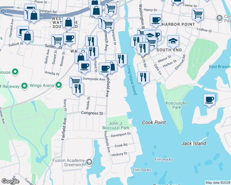 map of restaurants, bars, coffee shops, grocery stores, and more near 112 Southfield Avenue in Stamford